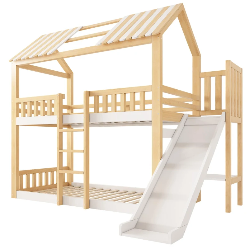 Letto a castello in stile casetta per bambini con tetto a capanna e ringhiera a staccionata, 247x171x220 cm, Bianco