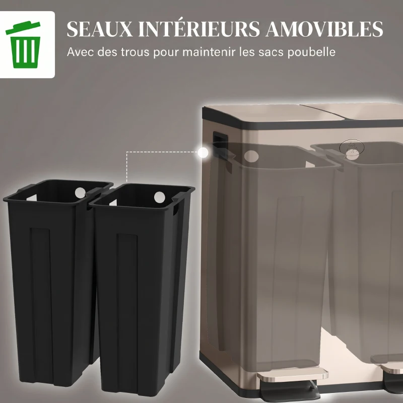 HOMCOM Poubelle de cuisine 2 compartiments de 2 x 20L, acier inoxydable, couvercle à fermeture douce, 45,8x36x51,6cm, or
