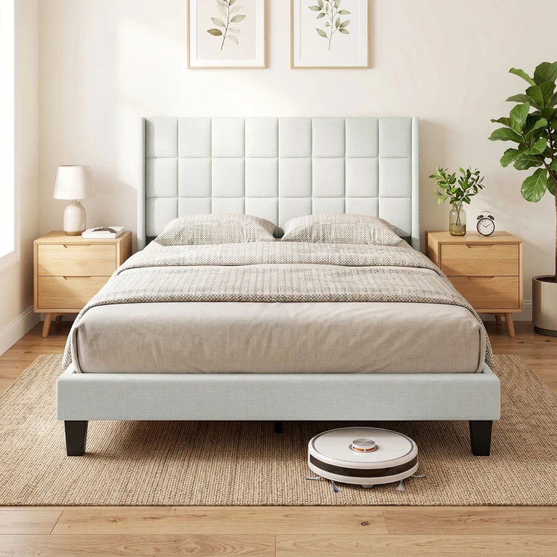 HOMCOM Cama 135x190 cm con Almacenaje Inferior Tapizada y Cabecero Acolchado con Orejas Beige