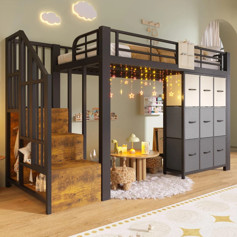 Cama alta para colchão 90×200 cm, escada com arrumação, sem colchão, 251,5x95x140 cm, Preto