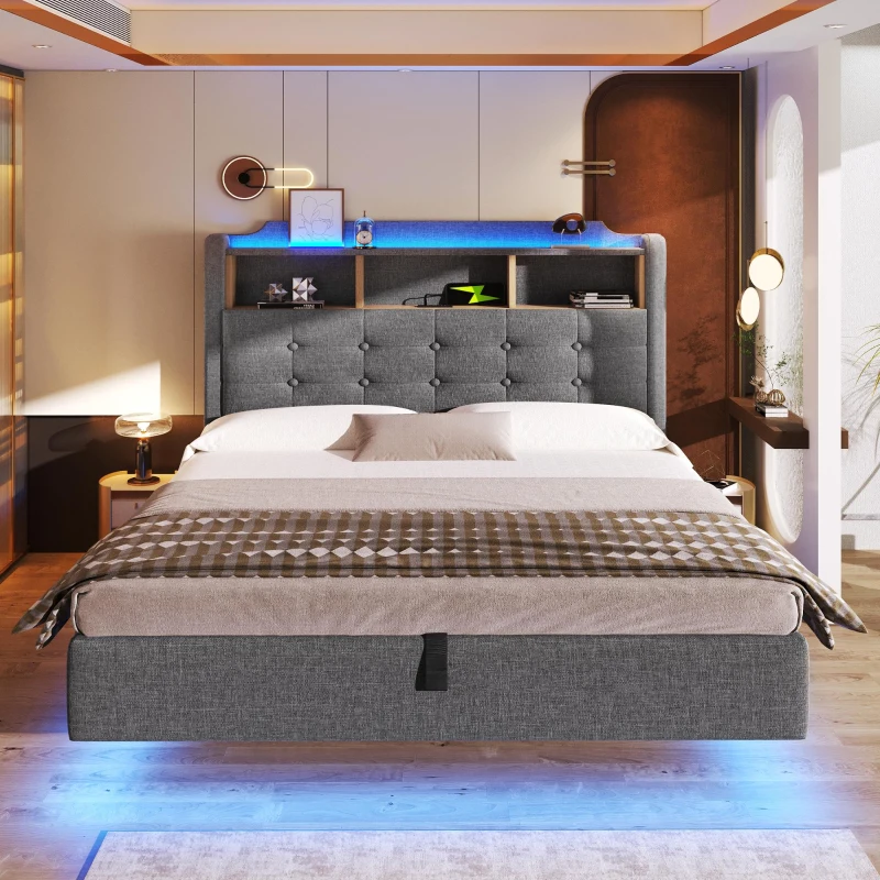 Cama estofada 140 × 200 cm, iluminação LED, design flutuante, sem colchão, 217x141x110 cm, Cinzento