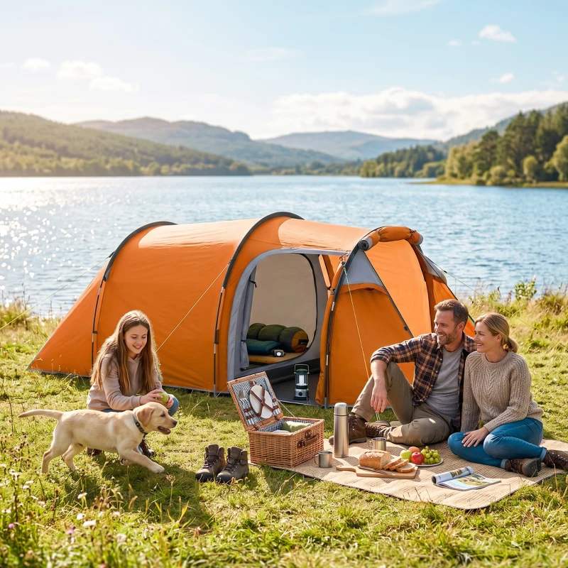 Outsunny 2 Man Tunnel Tent with Sewn-in Groundsheet, Air Vents, Rainfly, 2000mm Large Camping Tent with Bedroom, Porch, Living Area for Camping, Hiking, 426L x 206W x 154H cm, Orange