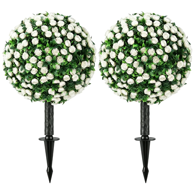HOMCOM Kunstrozenbollen UV-bestendig voor buiten, set van 2 rozenbomen, 55 cm, wit