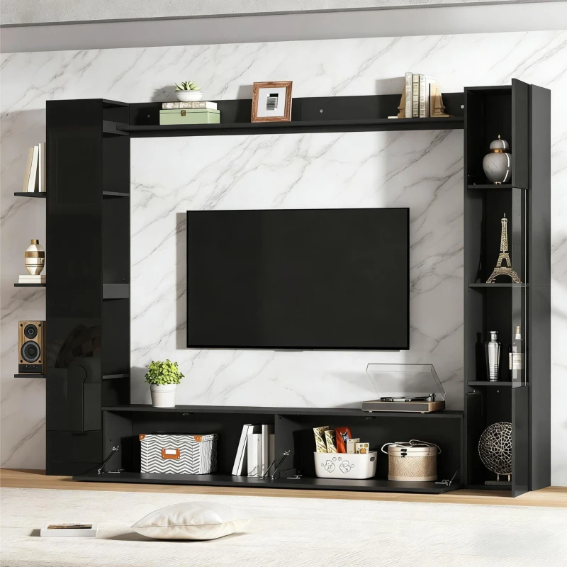Mueble de salón compacto de 4 piezas, mueble de TV integrado con vitrina y estanterías abiertas, gran capacidad de almacenaje, 245x30x170 cm, Negro