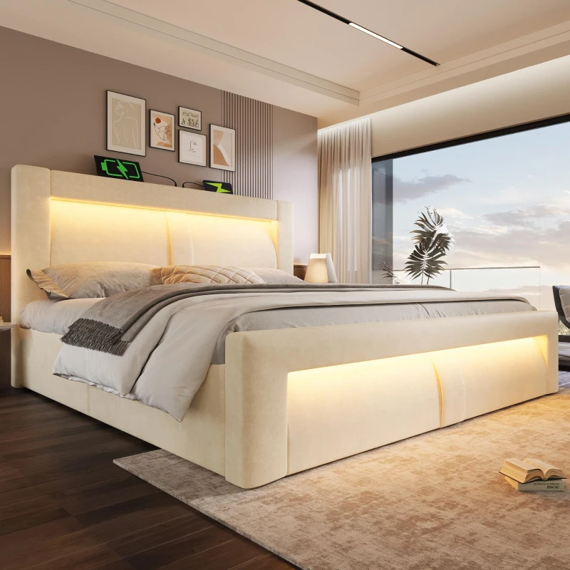 Cama de casal 140x200 cm com arrumação hidráulica, estrutura metálica com estrado de ripas em madeira, 217x143x107 cm, Bege