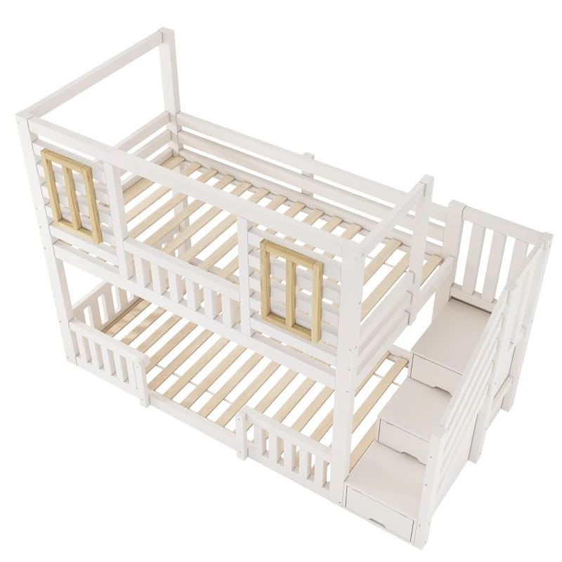 Cama de beliche estilo cabana, escada com armário e arrumação, 2 áreas de dormir de 90X200 cm cada, 254x95x170 cm, Branco