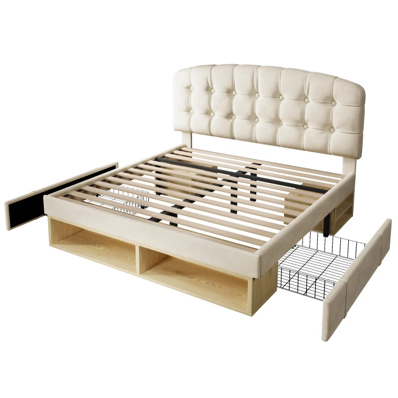 Cama estofada cama de casal 140x190 cm, ajustável em 3 alturas, cabeceira curva, sem colchão, 197x151x120 cm, Bege