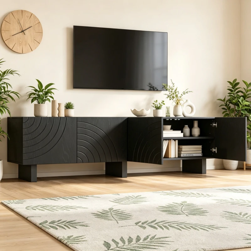 Mobile TV basso e moderno, adatto per TV fino a 75 pollici, 180x40x55 cm, Nero