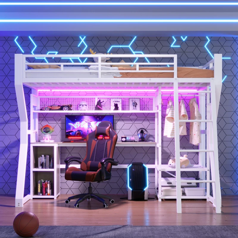Cama alta para colchão 90×200 cm, com arrumação e espaço aberto por baixo da cama, sem colchão, 204x131,5x180 cm, Branco