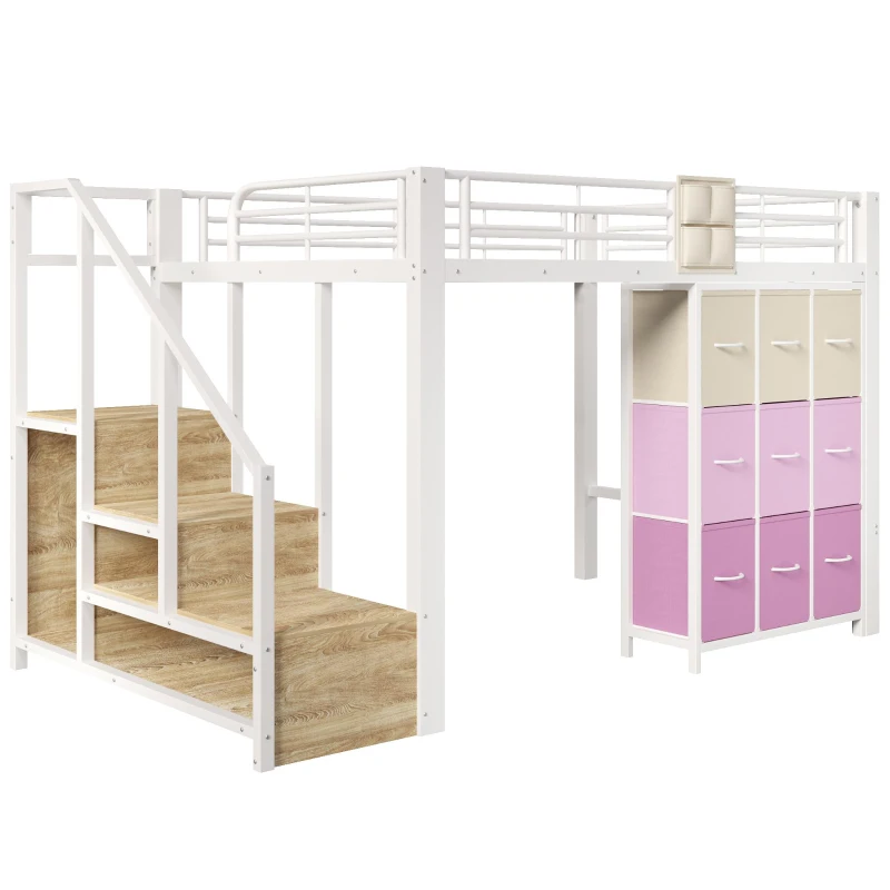 Cama alta 140×200 cm, escalera con almacenaje y bolsa de tela, sin colchón, 251,5x145x140 cm, Blanco