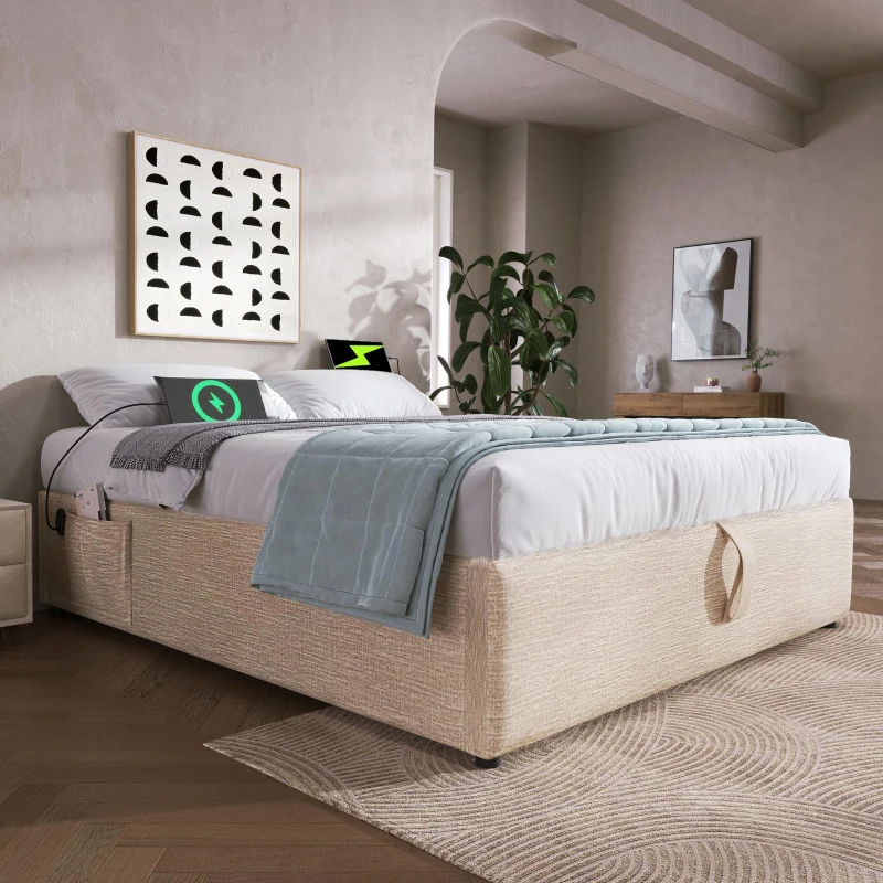 Cama estofada Cama de casal 160×200 cm, Cama com arrumação e pistões hidráulicos silenciosos, sem cabeceira, 202x161x29 cm, Bege+Cor natural