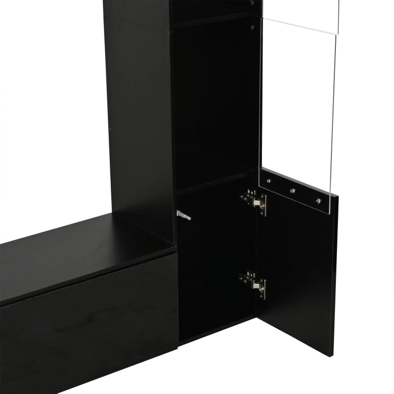 Mueble de salón compacto de 4 piezas, mueble de TV integrado con vitrina y estanterías abiertas, gran capacidad de almacenaje, 245x30x170 cm, Negro