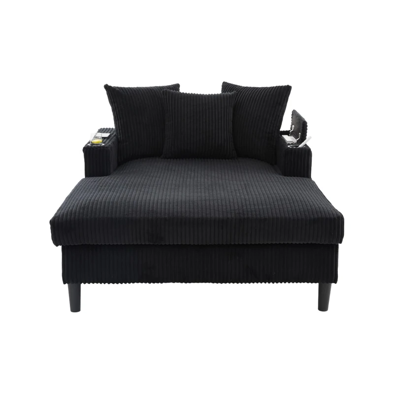 Chaise-longue multifuncional em veludo cotelê, porta-copos em ambos os lados e apoio de braço rebatível, 129x170x70 cm, Preto