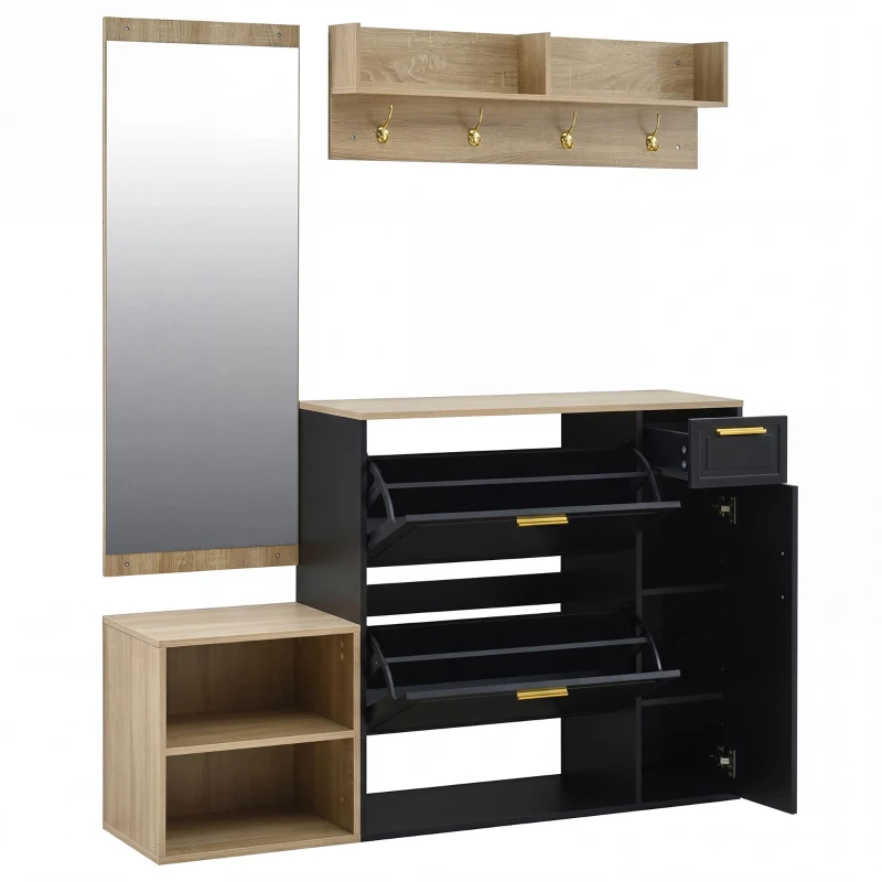 Set guardaroba 4 pezzi, set completo di mobili per ingresso con scarpiera, panca, appendiabiti da parete e specchio, 130x30x174 cm, Nero