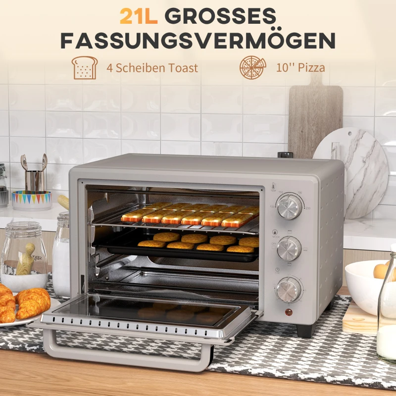 HOMCOM Mini-oven, 21 L broodrooster-oven met 1 draadrek en 1 bakplaat, 3 kookmodi, 100 °C-230 °C, roestvrij staal, glas, Zilver