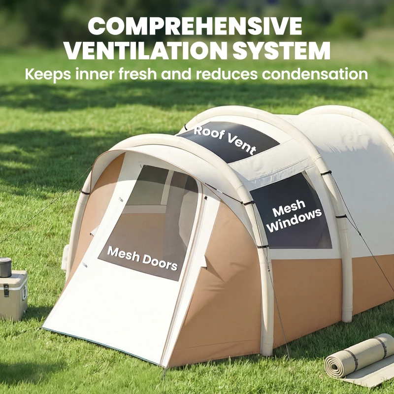 Outsunny Inflatable Camping Tent w/ Air Pump, Easy Setup 2-3 Person Blow Up Tent, Khaki