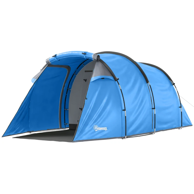 Outsunny 2 Man Tunnel Tent with Sewn-in Groundsheet, Air Vents, Rainfly, 2000mm Large Camping Tent with Bedroom, Porch, Living Area for Camping, Hiking, 426L x 206W x 154H cm, Sky Blue