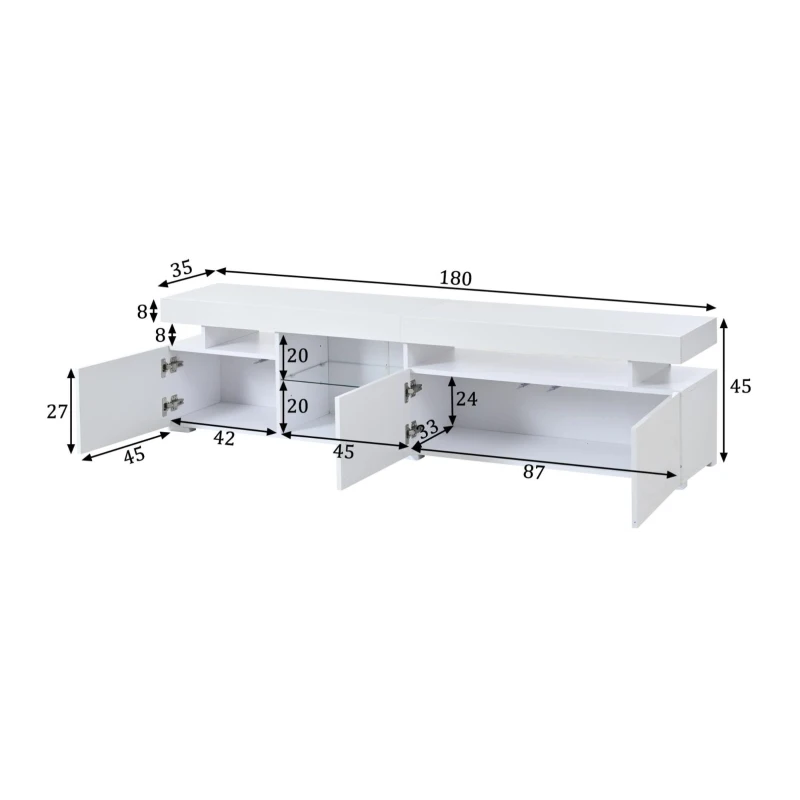 Lowboard para TV com frente em alto brilho, divisória ajustável em vidro temperado, adequado para televisores até cerca de 80 polegadas, 180x35x45 cm, Branco