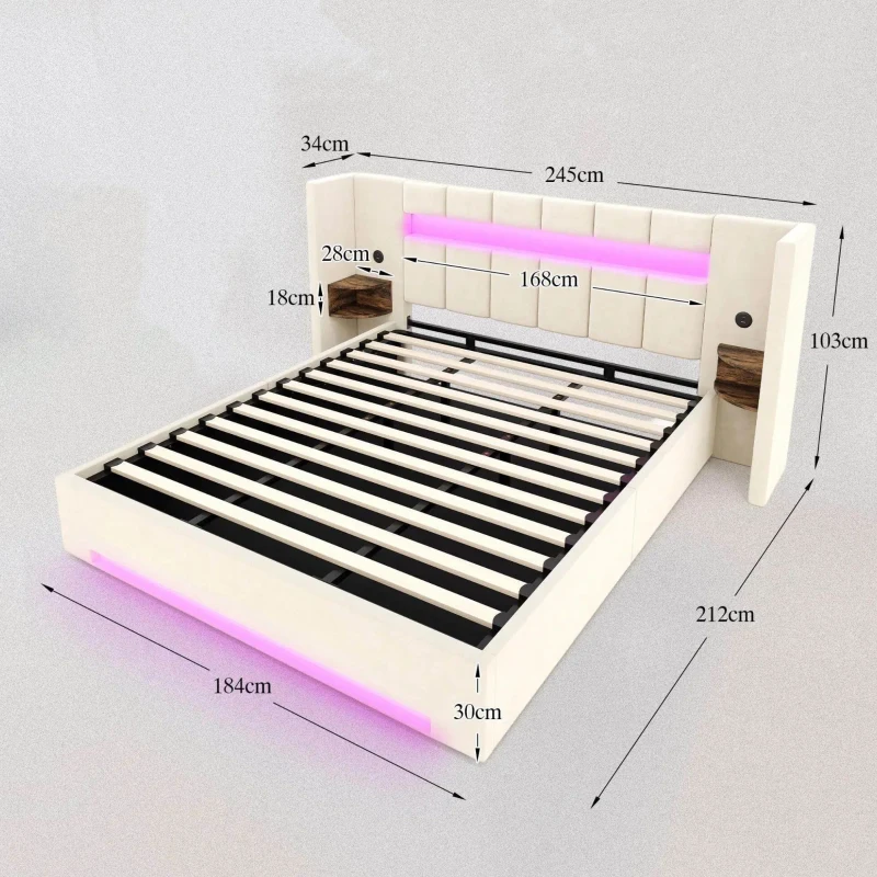 Struttura letto in velluto con striscia LED e comodini integrati, 245x212x103 cm, Beige