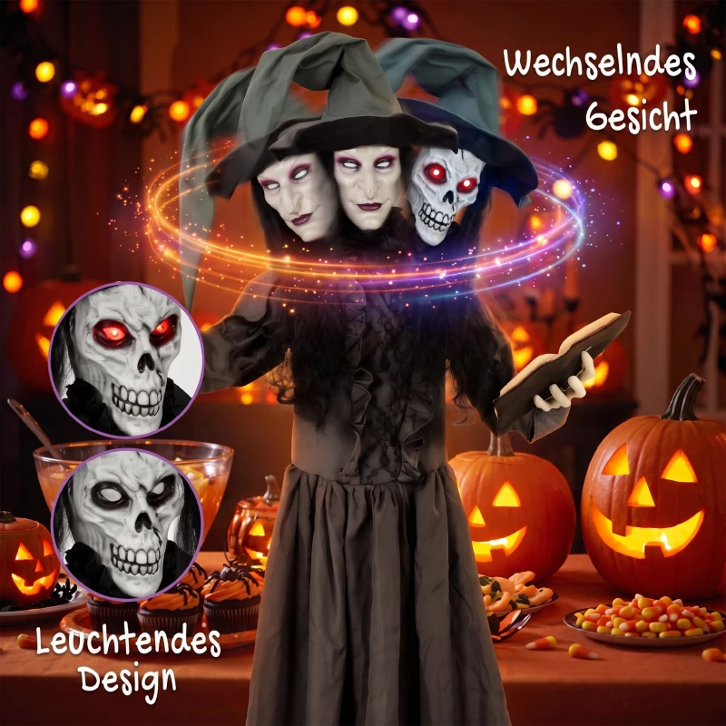 HOMCOM 180 cm Halloween Animierte Hexe Dekoration Lebensgroß mit leuchtenden Augen, Gruseliger Sound, Berührungsaktivierung