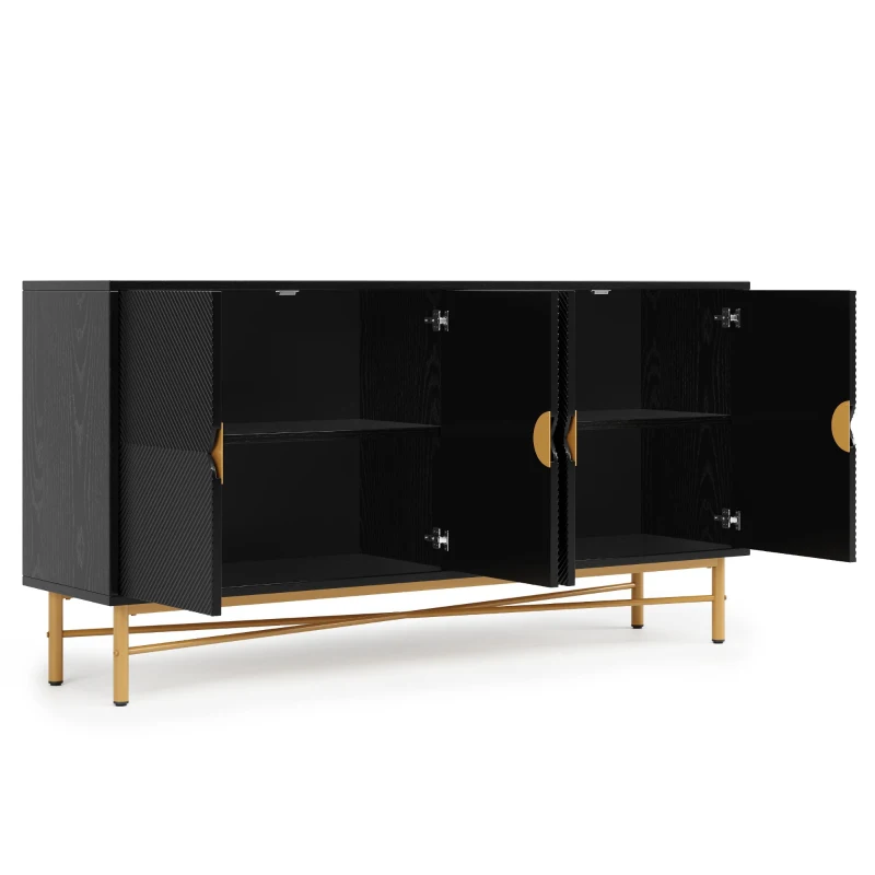 Credenza buffet a 4 ante per soggiorno e cucina con pannelli scanalati, 160x40x82 cm, Nero