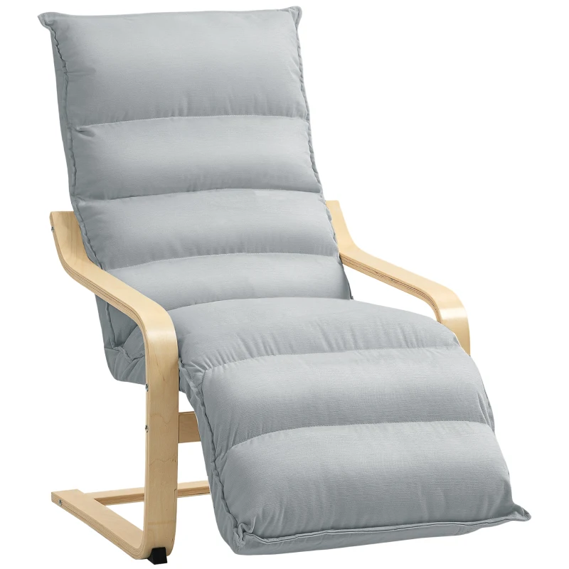 HOMCOM Loungefauteuil van berkenhout, gestoffeerde stoel met verstelbare voetensteun, moderne armleunstoel, lichtgrijs
