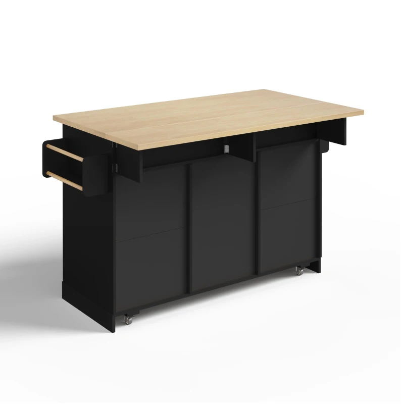 Ilha de cozinha móvel com tampo rebatível, gavetas verticais de 2 níveis, rodízios bloqueáveis 360°, 120x70x92 cm, Preto