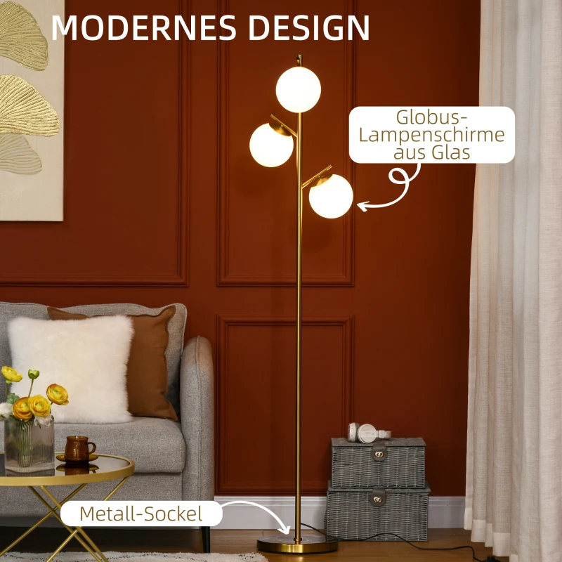 HOMCOM Staande lamp in retro-design, vloerlamp, vloerlamp met 3 lampenkappen, glas, goud