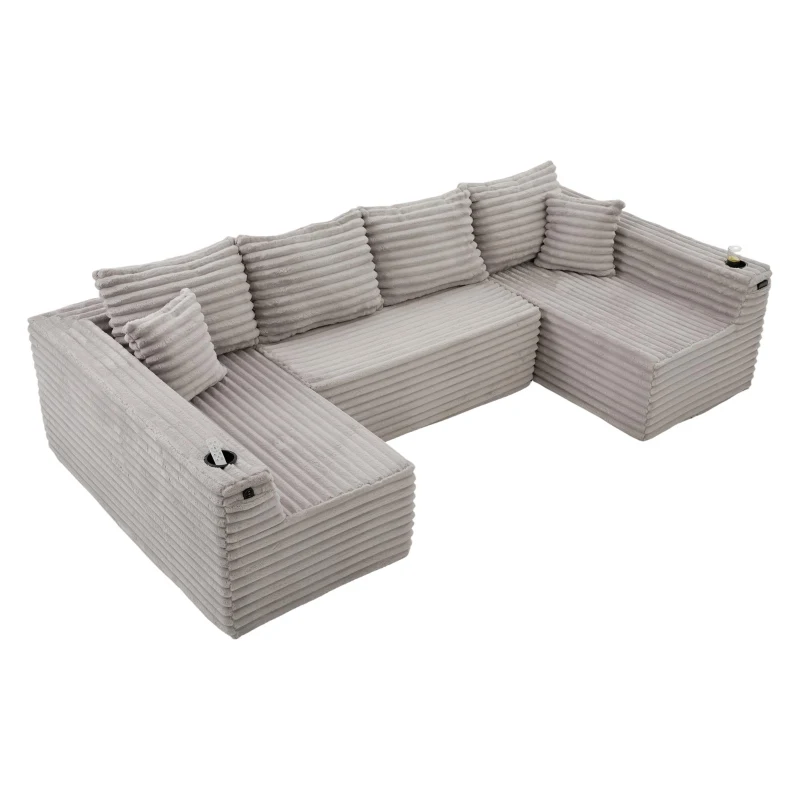 Divano a U in velluto a coste con portabicchieri integrato e tasca laterale, imbottitura a molle, 320x155x88 cm, Grigio chiaro