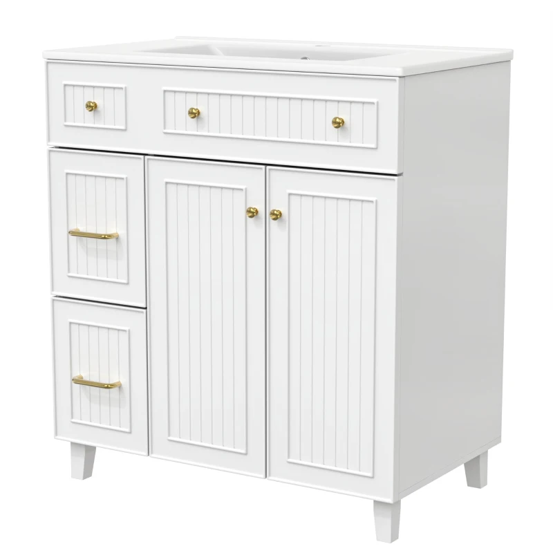 Mobile bagno indipendente con lavabo in ceramica, piedini in legno e maniglie in metallo, 81.7x46.8x90 cm, Bianco