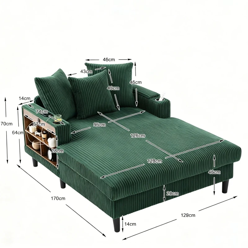 Divano letto con portabicchieri su entrambi i lati e bracciolo pieghevole, 129x170x70 cm, Verde