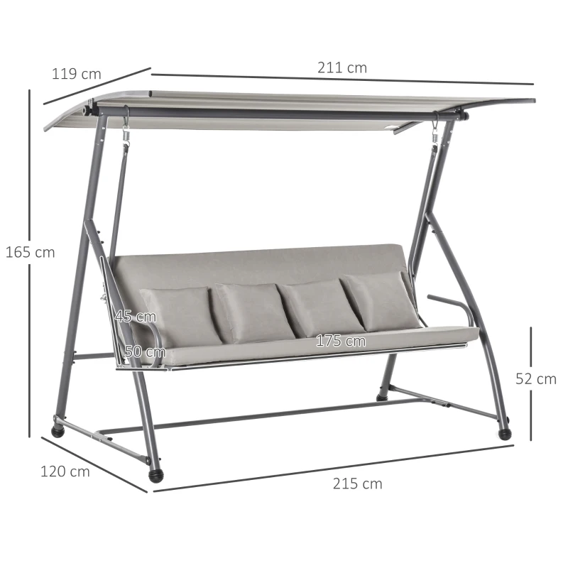 Outsunny Balansoar de Grădină cu 3 Locuri Convertibil în Pat cu Copertină, Oțel și Poliester, 218x120x168 cm, Gri