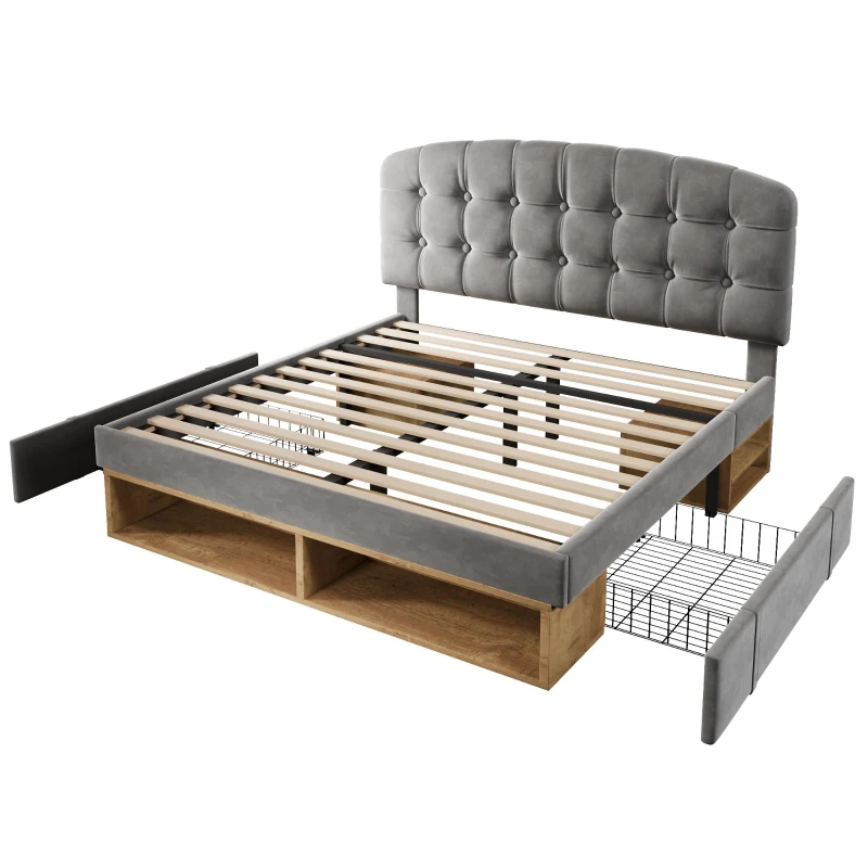 Cama de casal 140x200 estofada com estrado de ripas, cabeceira curva regulável em 3 alturas, sem colchão, 207x151x120 cm, Cinzento