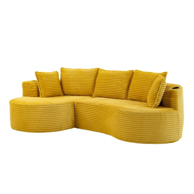 Bogesofa imbottito con portabicchieri su entrambi i lati, cuscini e tasca laterale, 250x152x82 cm, Giallo