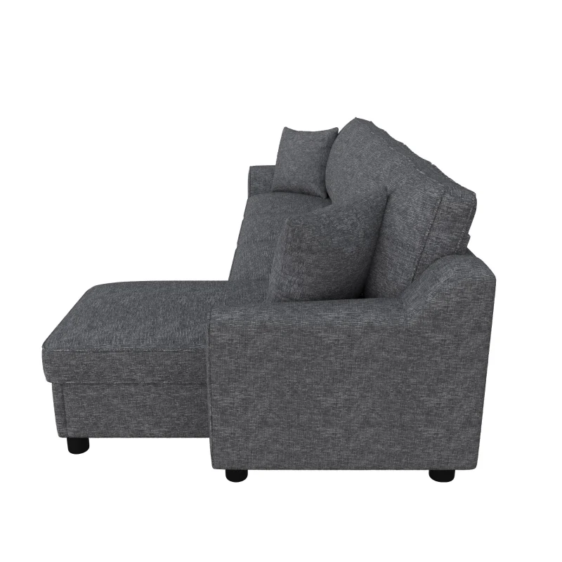Divano angolare moderno in ciniglia con cuscini, schienale reclinabile e portabicchieri, 280x136x82 cm, Grigio