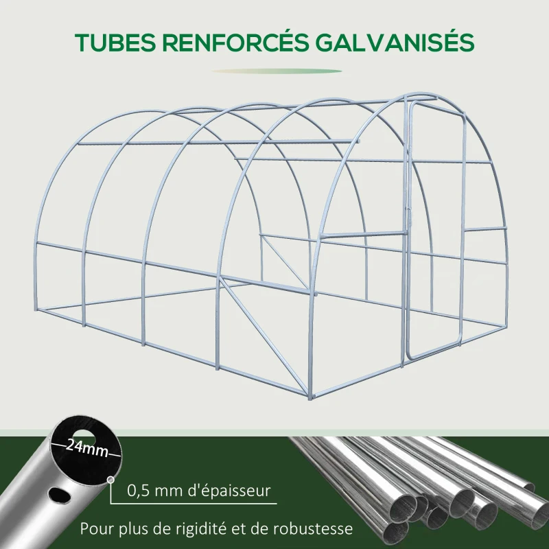 Outsunny Serre de Jardin Tunnel 12 m² 4L x 3l x 2H m Acier galvanisé renforcé + PE Haute densité fenêtres Porte Vert