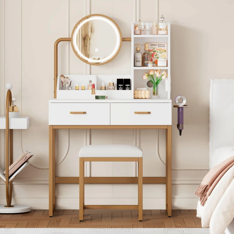 Toeletta trucco moderna con illuminazione a LED, specchio girevole, supporto per asciugacapelli e sgabello, 80x40x138,5 cm, Bianco