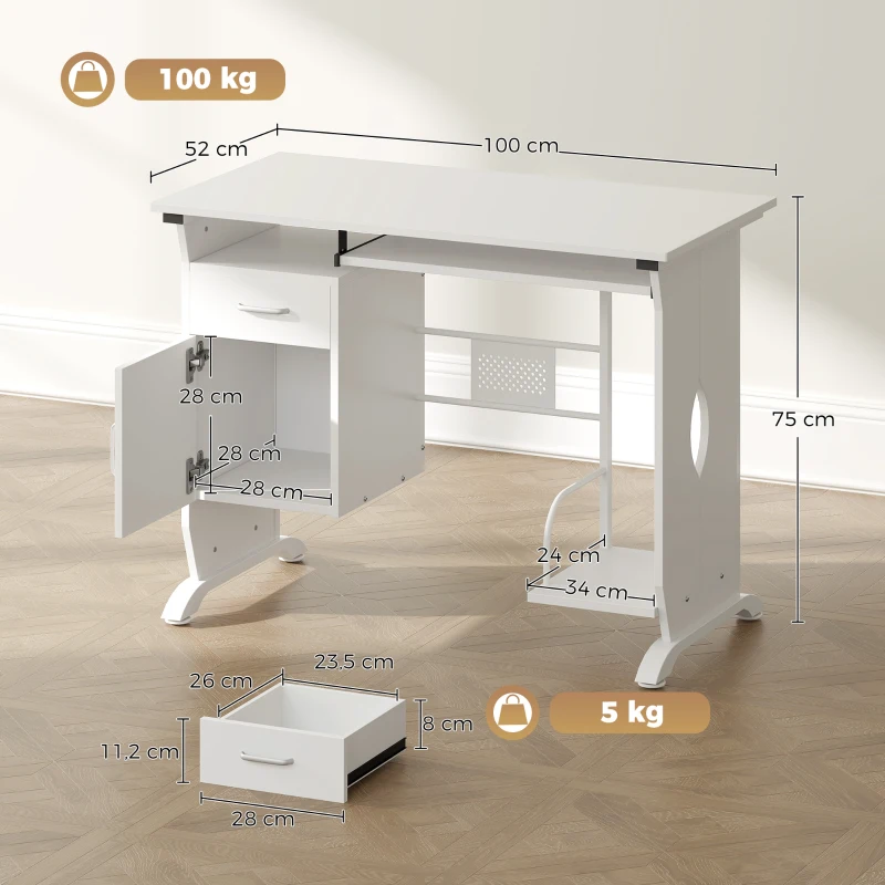 HOMCOM Mesa de Computador 100x52x75 cm Prateleira Deslizante para Teclado Gavetas e Suporte para Unidade Central Branco