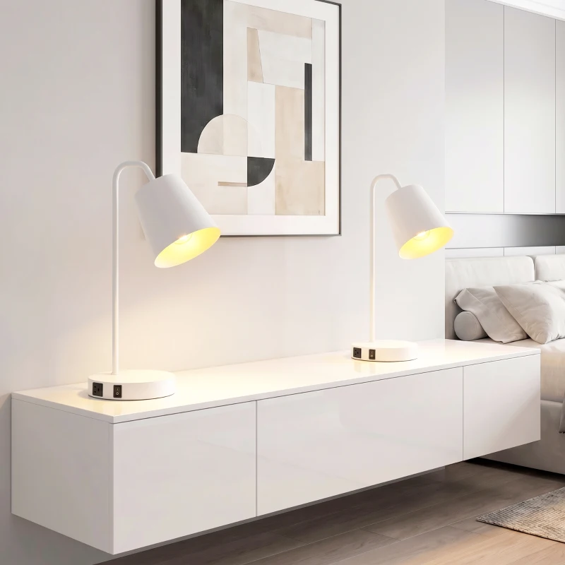 HOMCOM Pack de 2 Lámparas de Mesa Modernas en Acero con Puertos USB Casquillo E27 Bombilla no Incluida Blanco