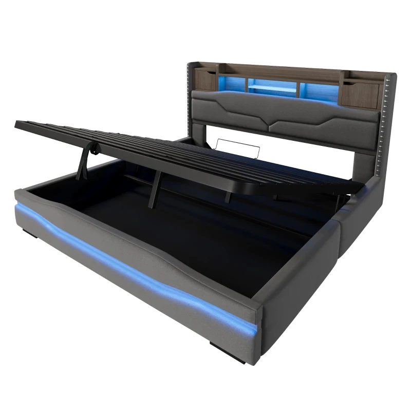 Cama estofada 180×200 cm, cama com arrumação hidráulica, sem colchão, 219x186,5x110 cm, Cinzento