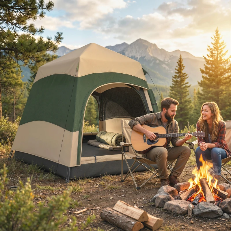Outsunny Double Layer Instant Pop Up Tent with Rainfly, Portable Camping Shelter with Sewn-in Groundsheet and Carry Bag, Khaki