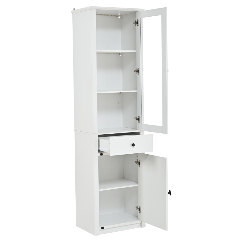 Vitrine alta com iluminação LED, grande espaço de arrumação com 3 prateleiras de vidro, 1 gaveta e 2 portas, 55x40x200 cm, Branco