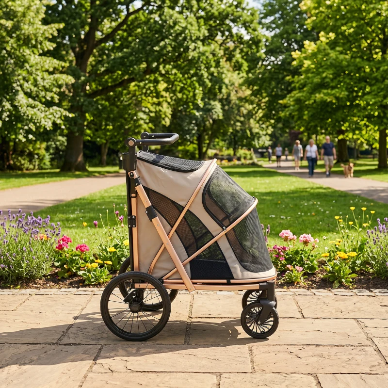 PawHut Carrito para Perros Plegable hasta 20 kg con Ruedas Grandes Suspensión y Freno Ventanas de Malla Cojín Marrón Claro