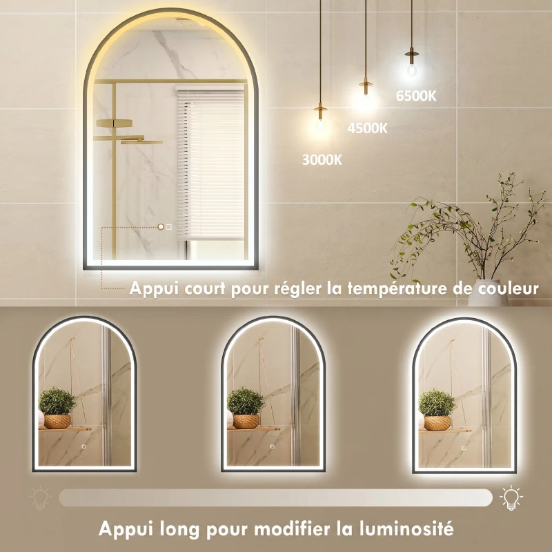 HOMCOM Miroir Salle de Bain avec Éclairage 60 x 90 cm, Miroir LED Arqué, Anti-Buée, 3 Couleurs Lumière, Dimmable, Mémoire, Noir
