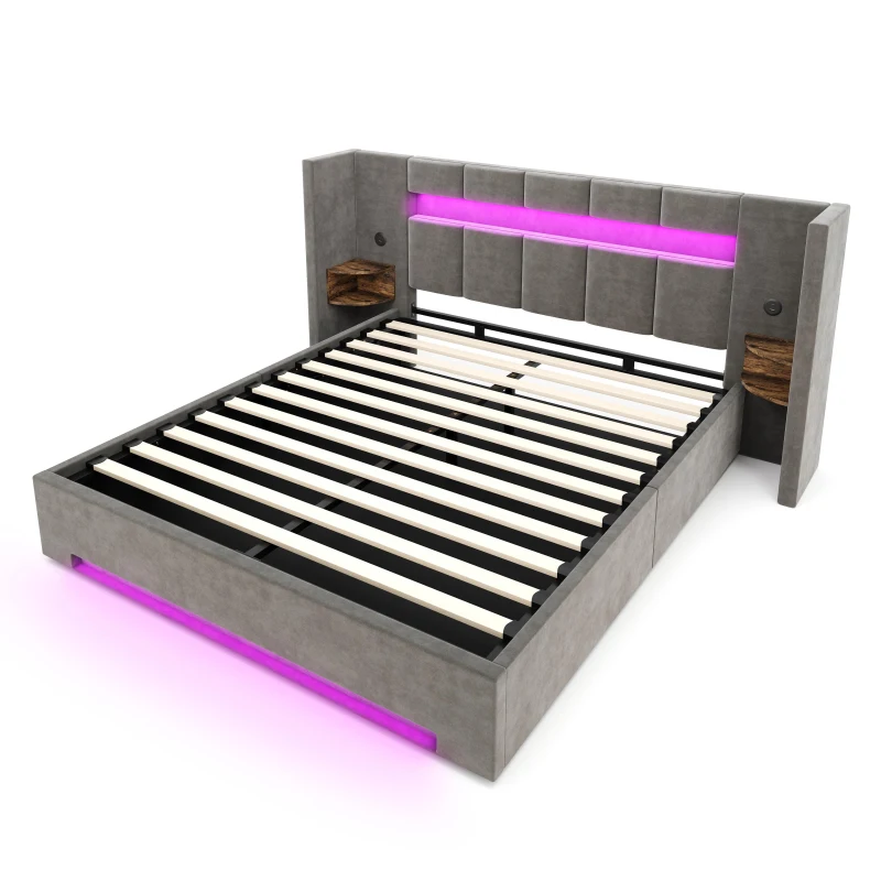 Struttura letto in velluto con striscia LED e comodini integrati, 225x212x103 cm, Grigio Scuro