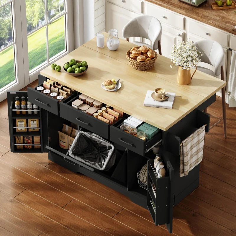 Ilha de cozinha móvel com tampo rebatível, rodízios com travão 360°, para 2–4 pessoas, 120x70x87 cm, Preto