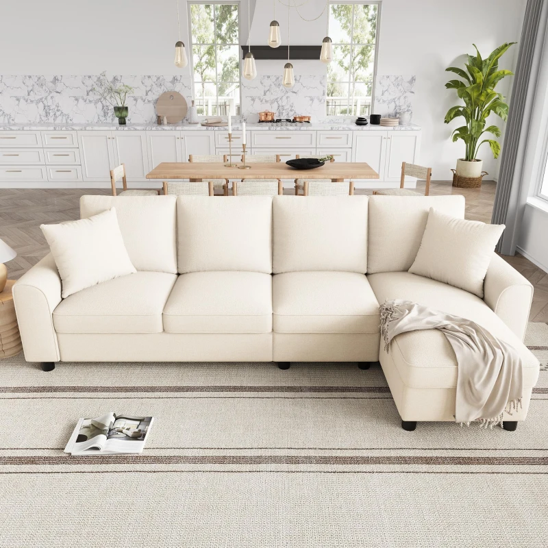 Divano angolare moderno in ciniglia con cuscini, schienale reclinabile e portabicchieri, 280x136x82 cm, Beige