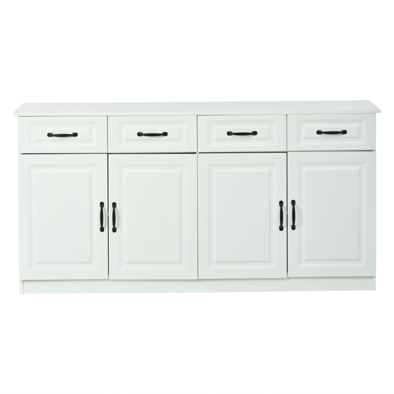 Buffet avec 4 tiroirs et 4 portes, grand espace de rangement et grande surface de travail, 4 étagères, 160x35x80 cm, Blanc