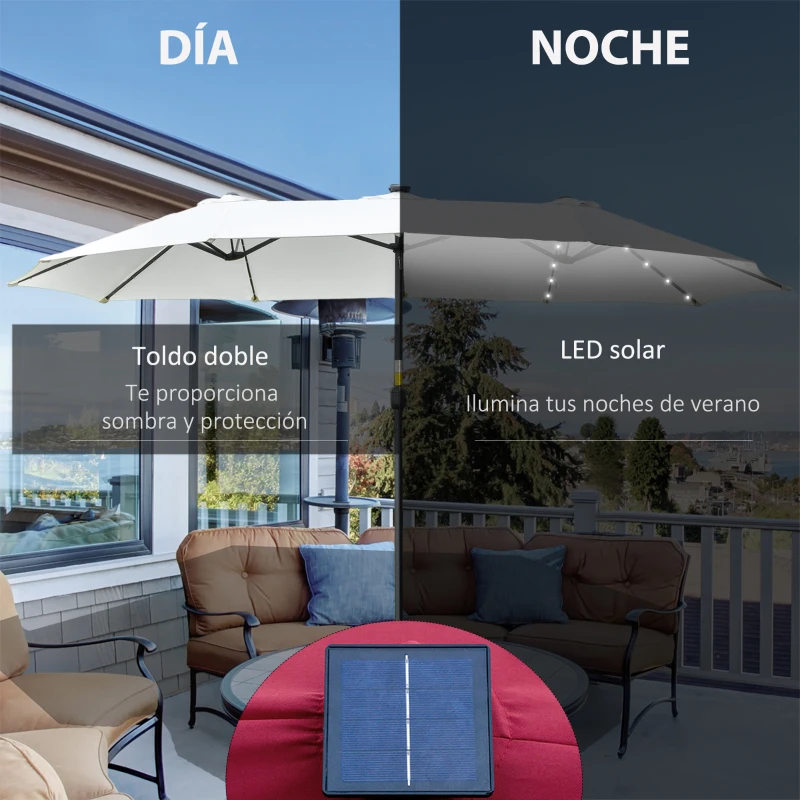 Outsunny Sombrilla Doble con 48 Luces LED 4,5x2,65 m Manivela Protección Solar para Terraza Jardín Piscina Crema