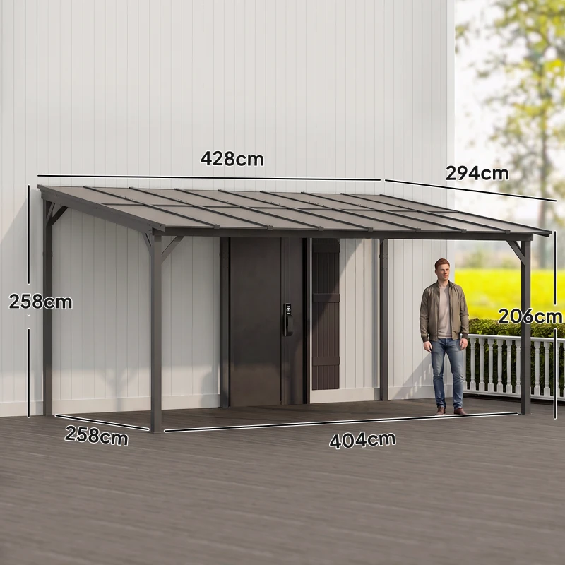 Outsunny Terrasoverkapping ca. 3 x 4,3m vrijstaande terrasoverkapping met hellend polycarbonaat-dak voor wandmontage Donkergrijs